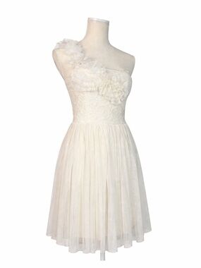 American Rag Cream One Shoulder Lace Tulle Dress Floral Applique Fit & Flare XS